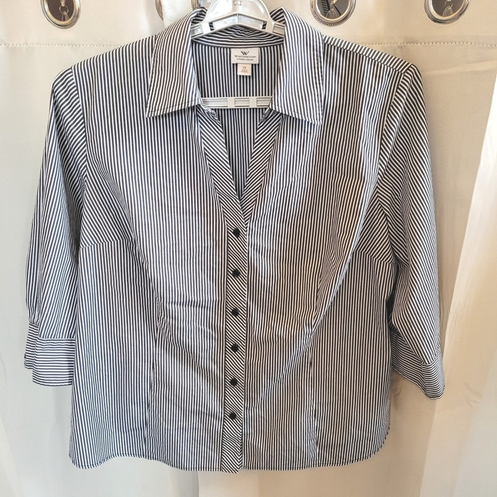 Worthington Womens Button Up Shirt 2X Striped Corporate Preppy Career 21766